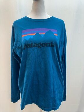 Patagonia Teal Blue Long Sleeve Mountain Logo Tee S
